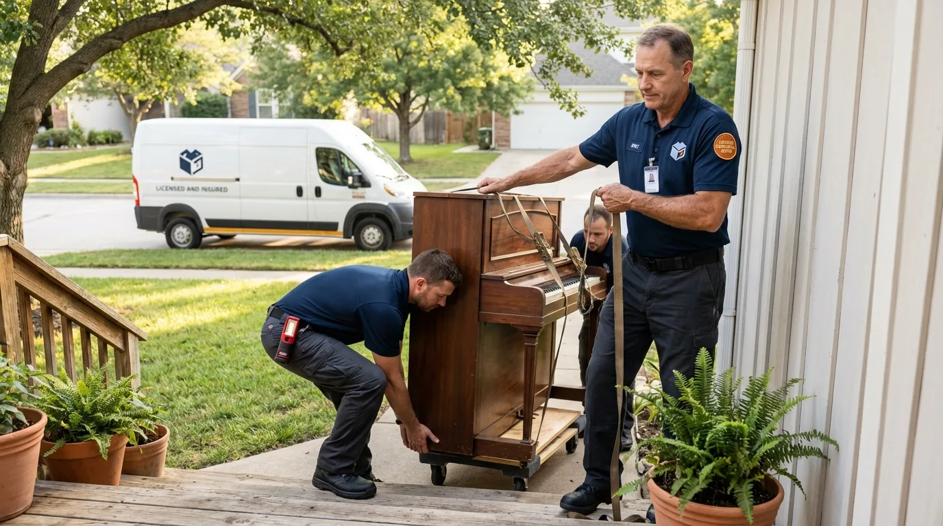 Licensed piano movers securing grand piano in Erie, KS