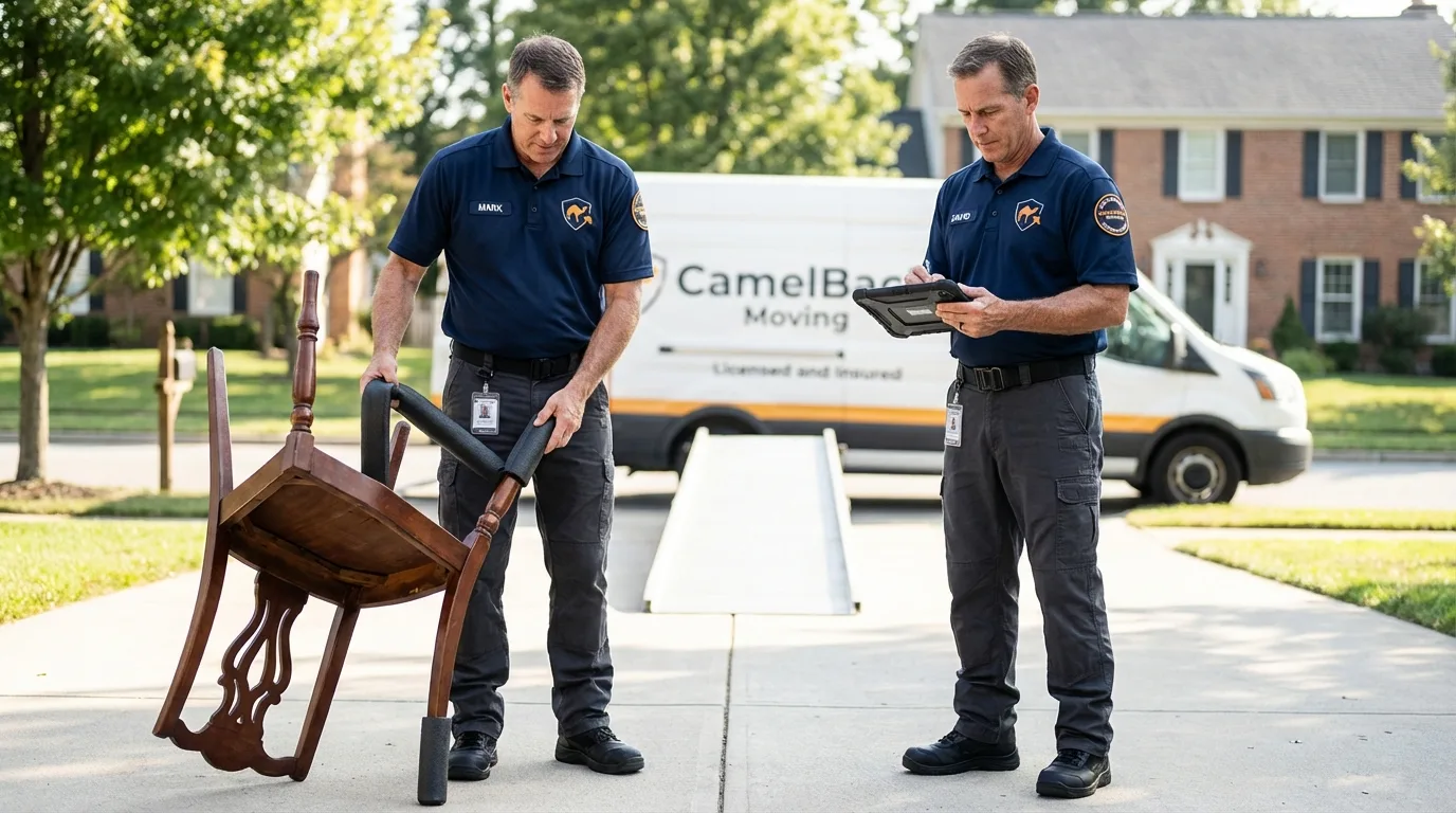 Movers inspecting furniture for damage prevention before loading in Erie, KS