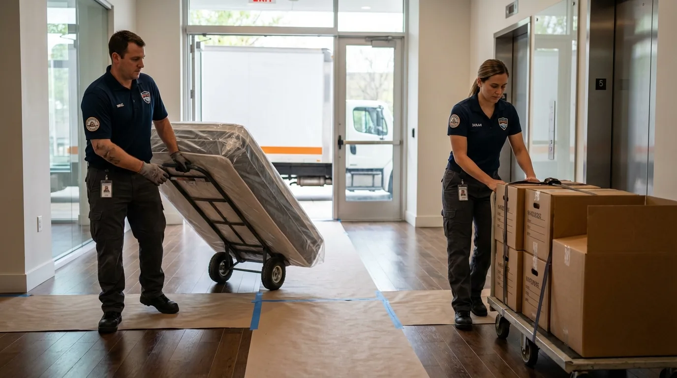 Professional apartment movers loading elevator in Erie, KS