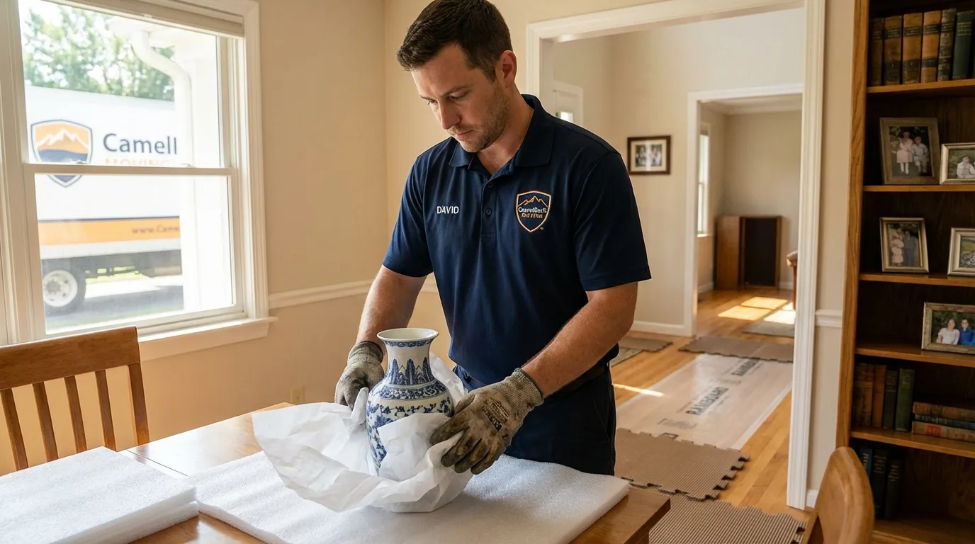 Professional crew carefully wrapping antique vase for senior downsizing move in Erie, KS